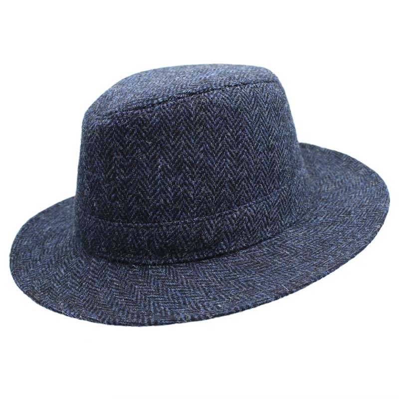 Denholm_Harris_Tweed_Fedora_Hat_Blue_Black_Herringbone