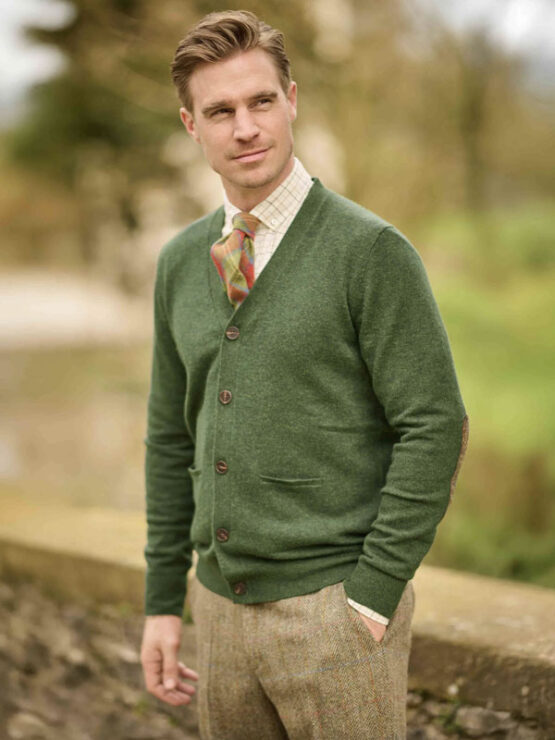 Cardigan lambswool met Harris Tweed details Racing Green