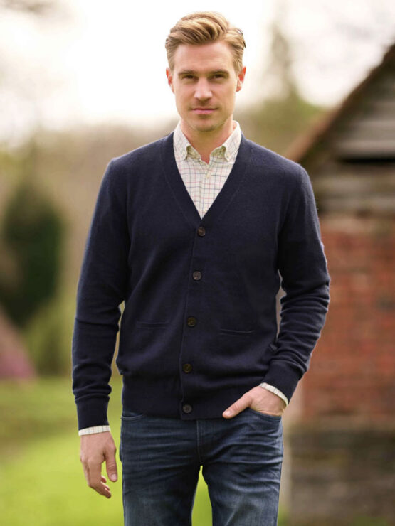 Cardigan lambswool met Harris Tweed details Navy