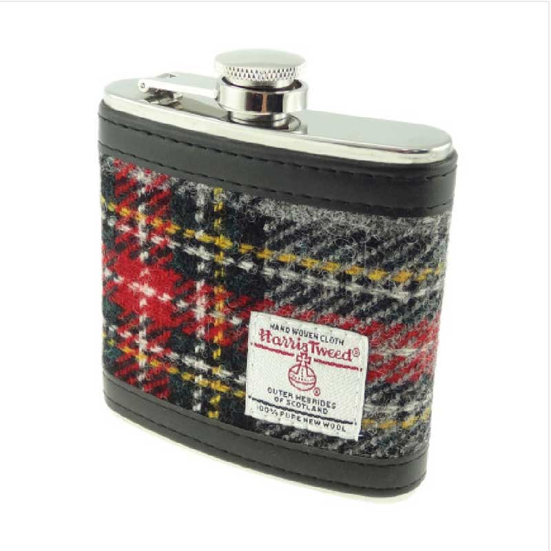 Harris_Tweed_6oz_Hip_Flask_Grey_and_Red_Tartan