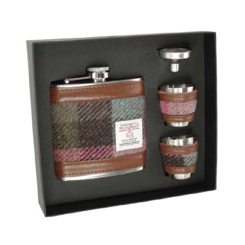 Harris_Tweed_Hip_Flask_Gift_Set_in_Muted_Green___Rose_Pink_Tartan