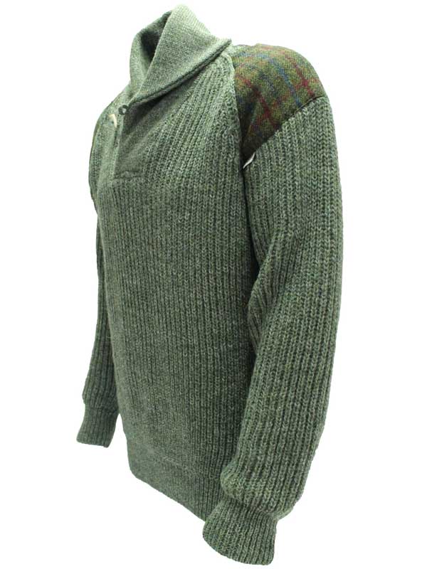 Chunky knit Shawl Collar Sweater with Harris Tweed patches Derbytweed - Afbeelding 3