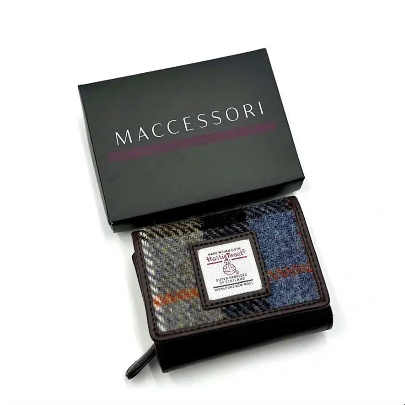 Harris Tweed Trifold Purse In Blue/Brown Check - Afbeelding 6